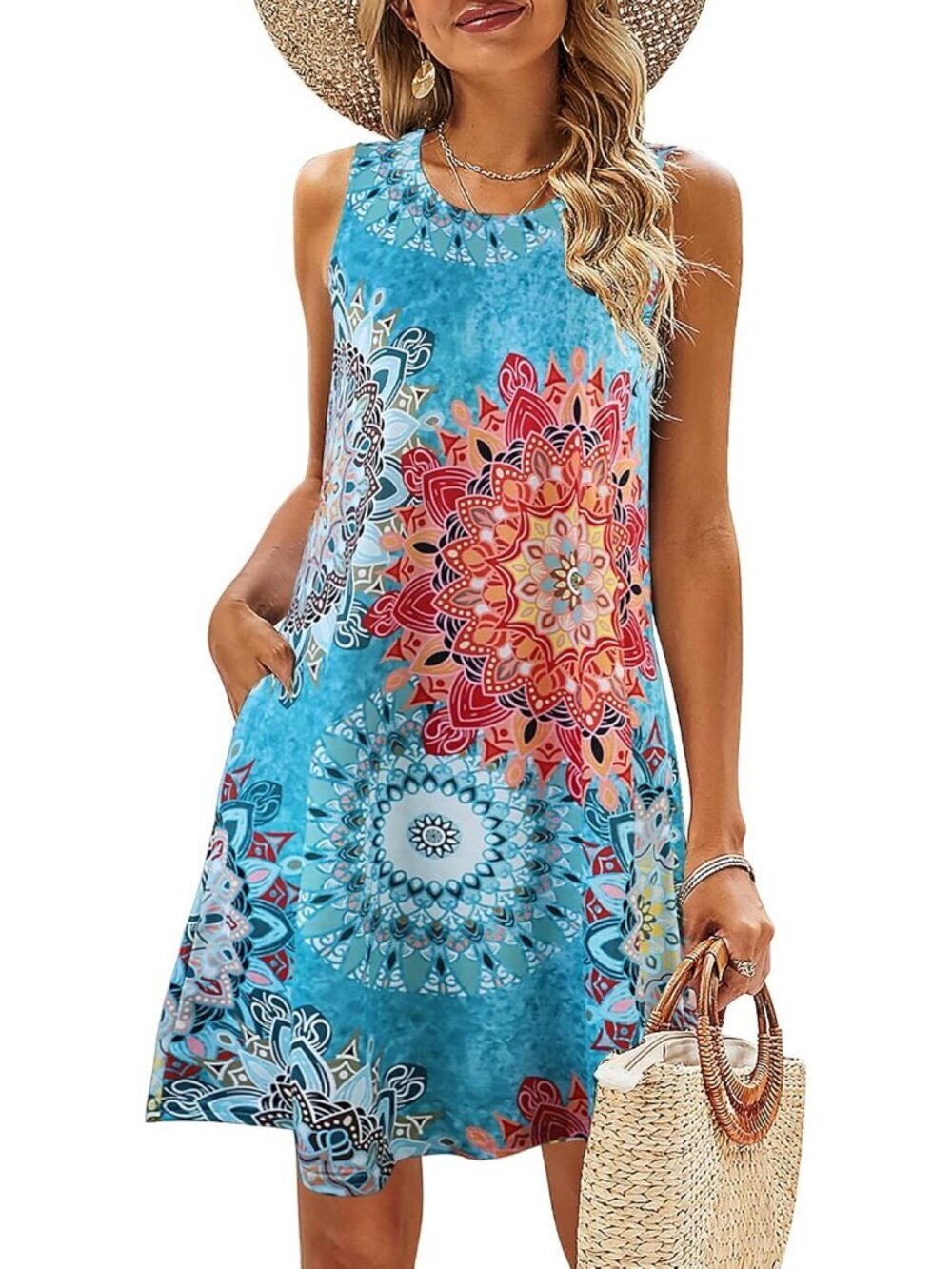 Women's Floral Light Blue T-shirt Sundress Casual Pockets Boho Tank Dress